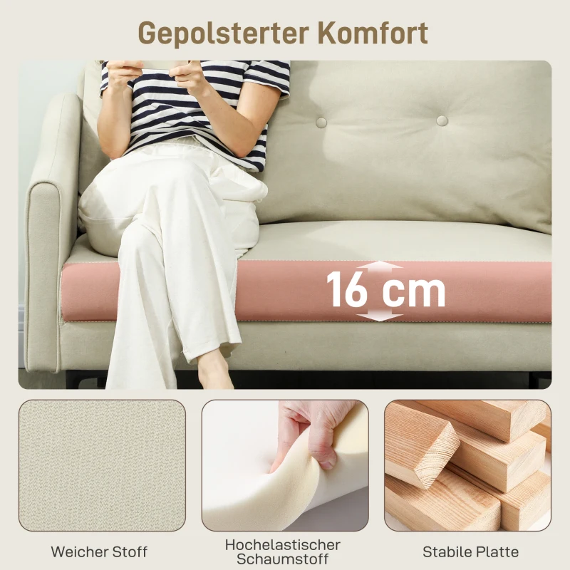 HOMCOM 2-Sitzer-Sofa mit Schaumstoff-Polsterung und Stoffbezug, für Wohnzimmer, Schlafzimmer, Metallrahmen, Cremeweiß