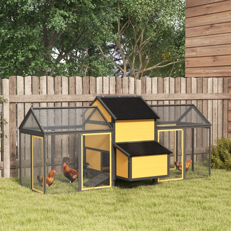 PawHut Kippenhok Kleindierenhok 2 Buitenrennen, 1 Legnest, 2 Hellingen, Asfaltdak, Weerbestendig, Geel
