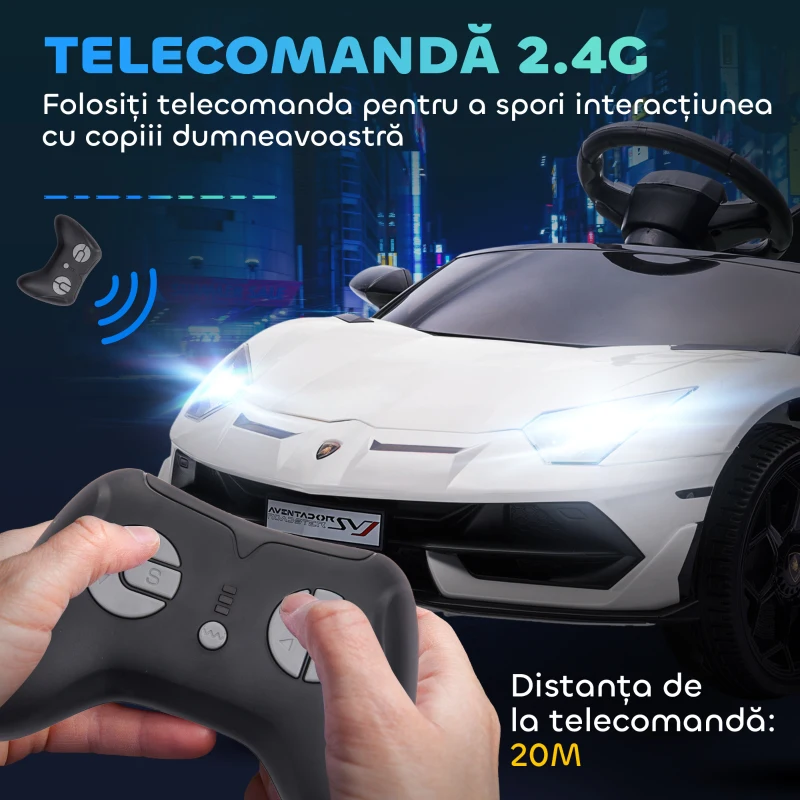 HOMCOM Mașinuță Electrică pentru Copii 3-5 Ani cu Uși Fluture, Mașinuță Electrică cu Telecomandă, 107,5x63x42 cm, Alb