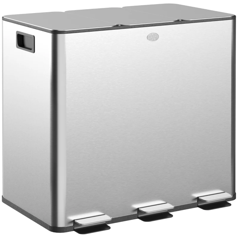 HOMCOM Cestino della Spazzatura con 3 Scomparti da 20L, Coperchi Deodoranti, anti-impronte digitali, Soft-Close, estraibile, Argento