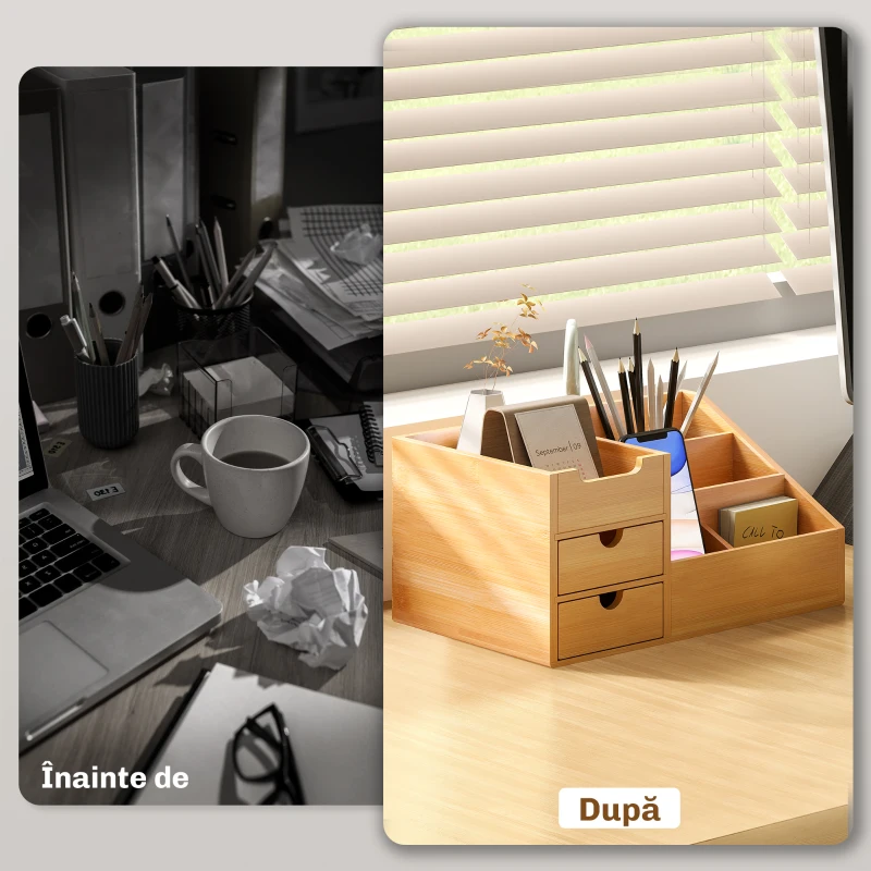 HOMCOM Organizator Birou cu 2 Sertare și 7 Compartimente din Bambus 33x20.5x15.5 cm