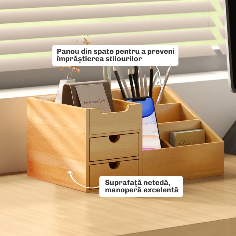 HOMCOM Organizator Birou cu 2 Sertare și 7 Compartimente din Bambus 33x20.5x15.5 cm