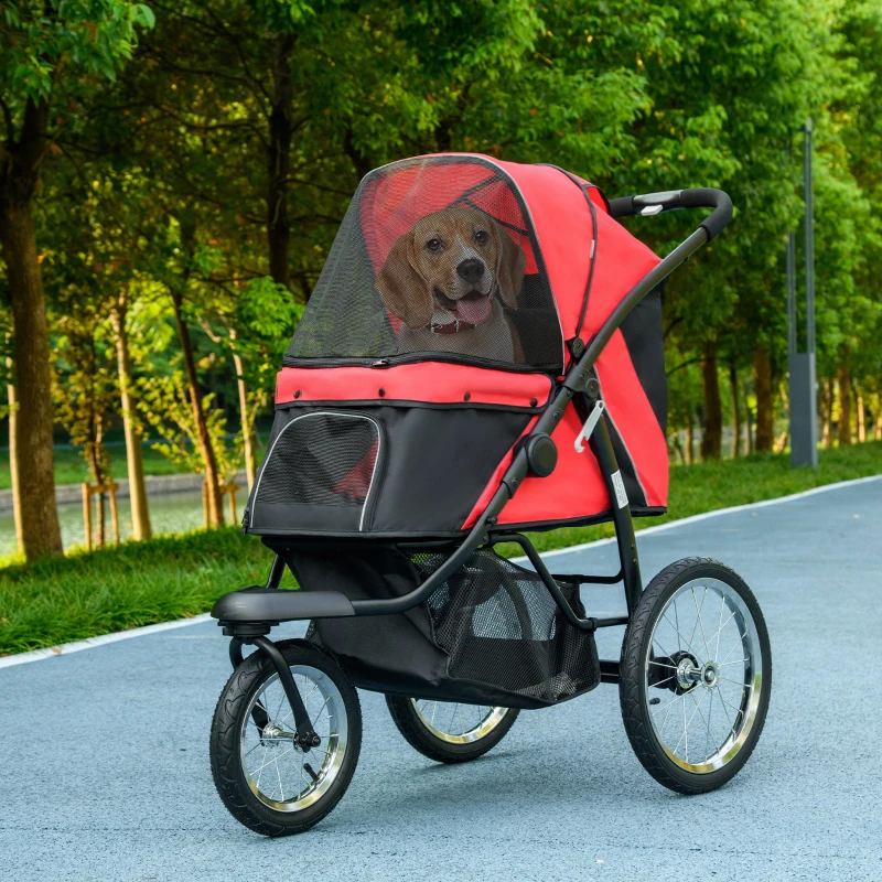 PawHut Opvouwbare hondenwagen met zonbescherming, netvensters en opbergmand - Rood, 111 x 58 x 107 cm(m-10)