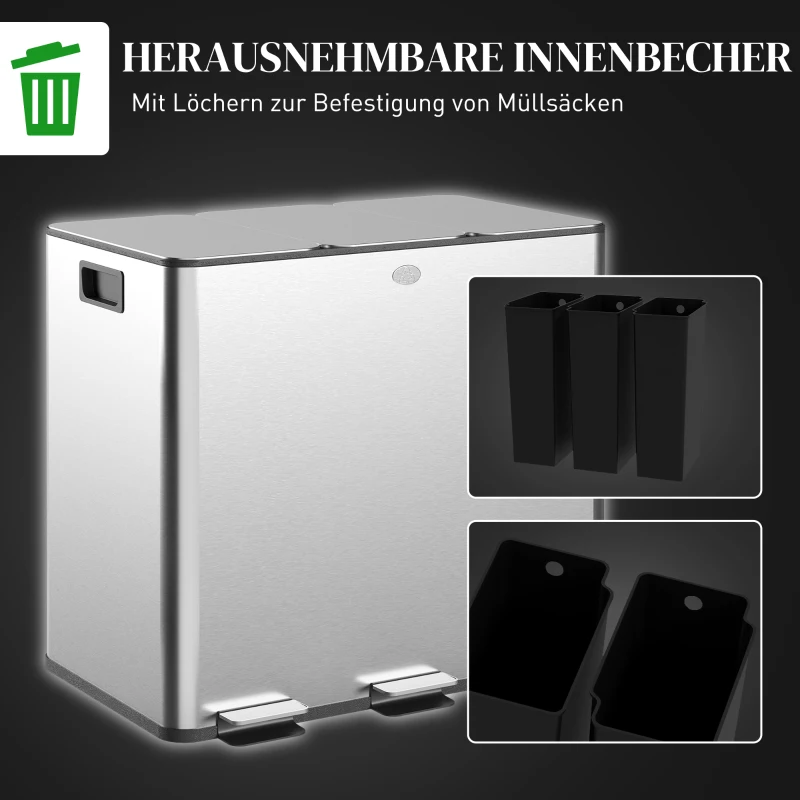 HOMCOM Vuilnisemmer met 3 x 20 L compartimenten, Deodorantdeksels, vingerafdrukbestendig, Soft-Close, uitneembaar, Zilver(m-7)