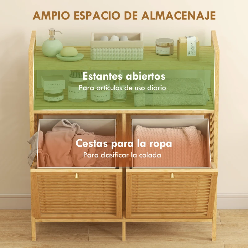 HOMCOM Mueble Ropa Sucia de Bambú 2 Bolsas de Ropa Extraíbles y Lavables con Asa 2 Estantes Abiertos 82x33x88 cm Natural
