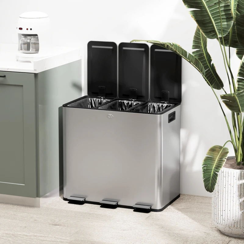 HOMCOM Vuilnisemmer met 3 x 20 L compartimenten, Deodorantdeksels, vingerafdrukbestendig, Soft-Close, uitneembaar, Zilver(m-9)
