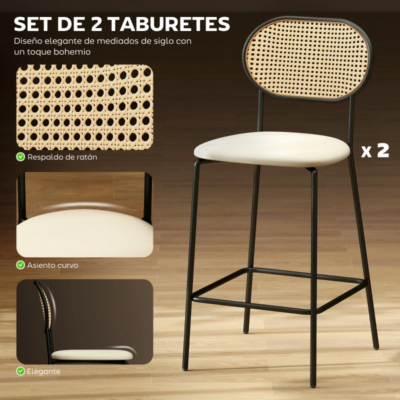 HOMCOM Juego de 2 Altos de Cocina con Respaldo de Ratán Asiento de PU Marco de Acero y Reposapiés Beige