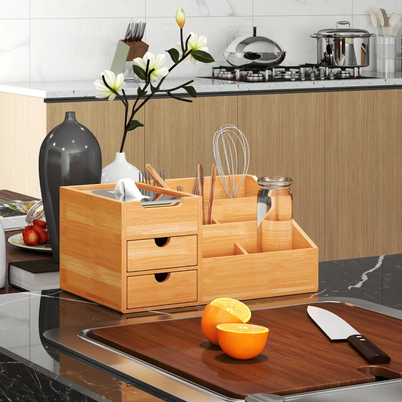 HOMCOM Organizator Birou cu 2 Sertare și 7 Compartimente din Bambus 33x20.5x15.5 cm