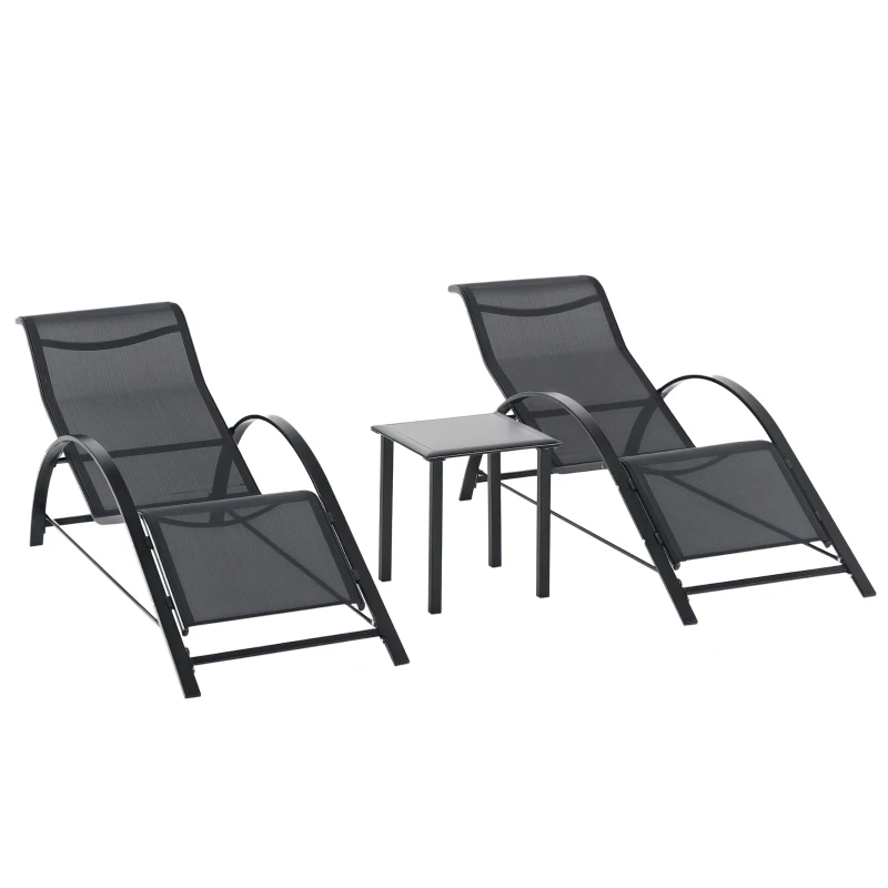 Outsunny Set de 2 Tumbonas Jardín Exterior con Mesa Auxiliar de Vidrio Templado Tumbonas con Respaldo Reposabrazos para Patio Piscina Terraza Exterior Negro