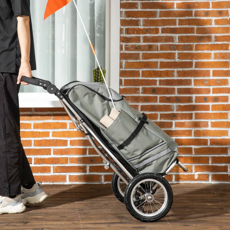 HOMCOM 3-in-1 Boodschappentrolley Winkelwagen Fietsaanhanger Steekwagen, 53 x 43 x 110cm, Grijs+Zilver(m-11)