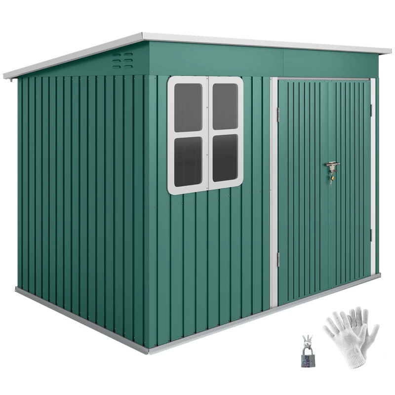 Outsunny 8.5 x 6ft Storage Shed Galvanised Steel Garden Shed, Metal Shed with Foundation Kit, Window, Lockable Wide Doors and Air Vents for Outdoor Patio, Green