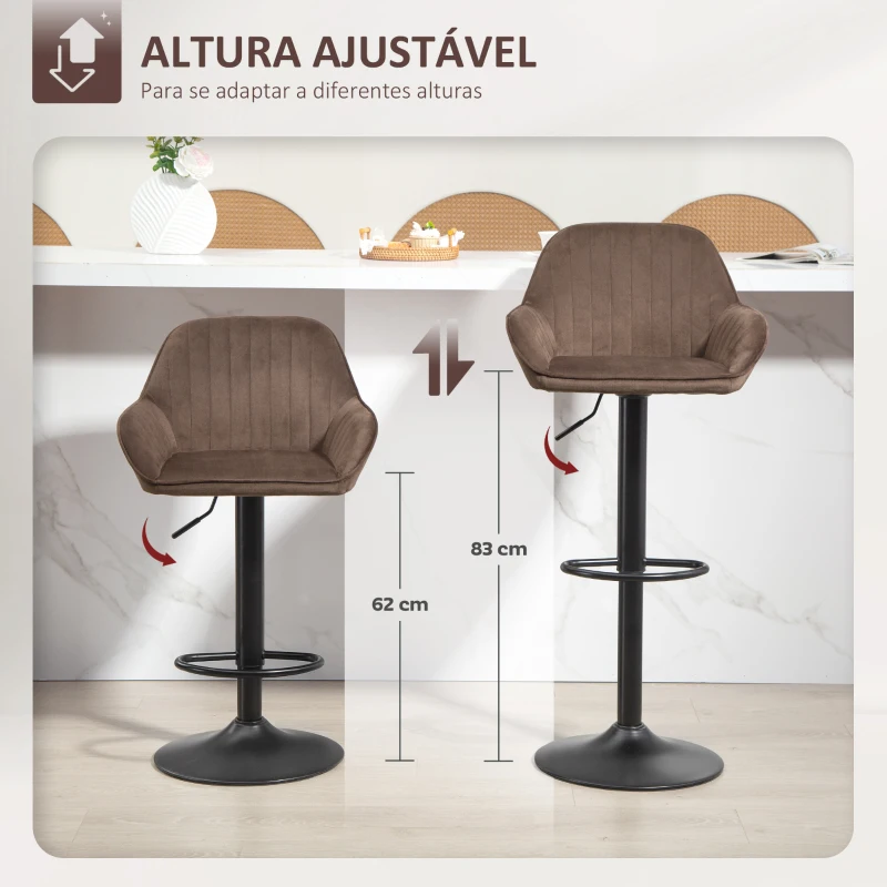 HOMCOM Conjunto de 2 Bancos de Bar Giratórios Bancos Altos de Cozinha com Altura Ajustável 50,5x50x87-107 cm Marrom