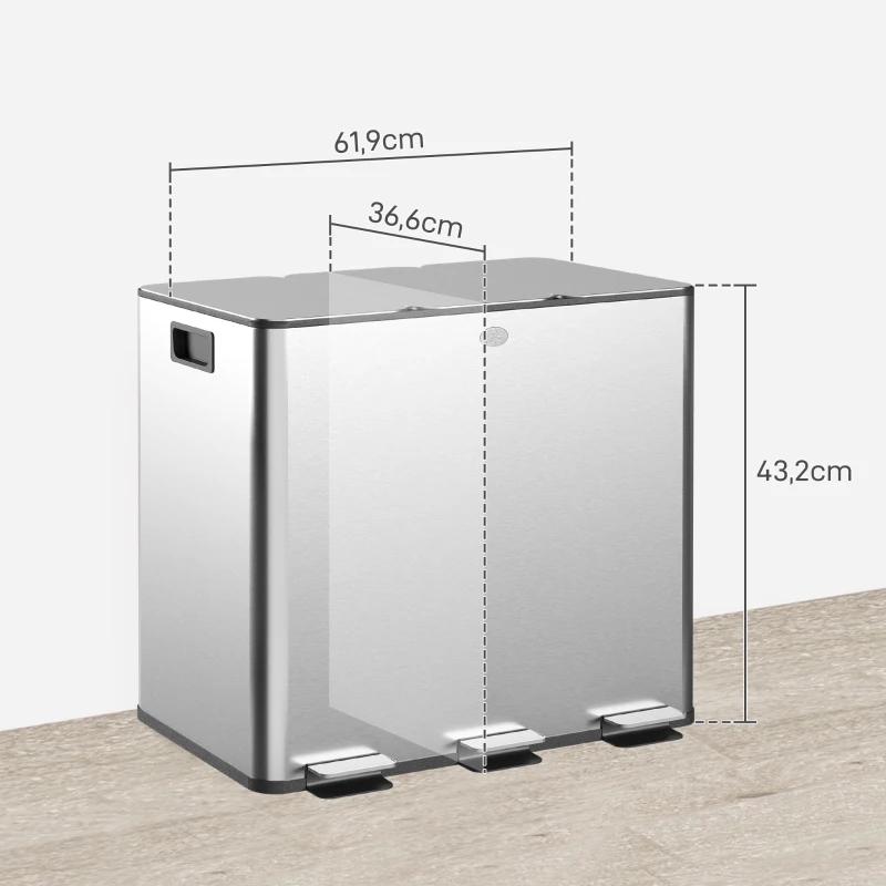 HOMCOM Vuilnisemmer met 3 x 20 L compartimenten, Deodorantdeksels, vingerafdrukbestendig, Soft-Close, uitneembaar, Zilver(m-3)