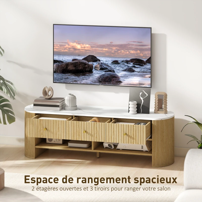 HOMCOM Meuble TV 140 cm, meuble télé pour téléviseur 65 pouces effet marbre 3 tiroirs façades à cannelures effet bois naturel
