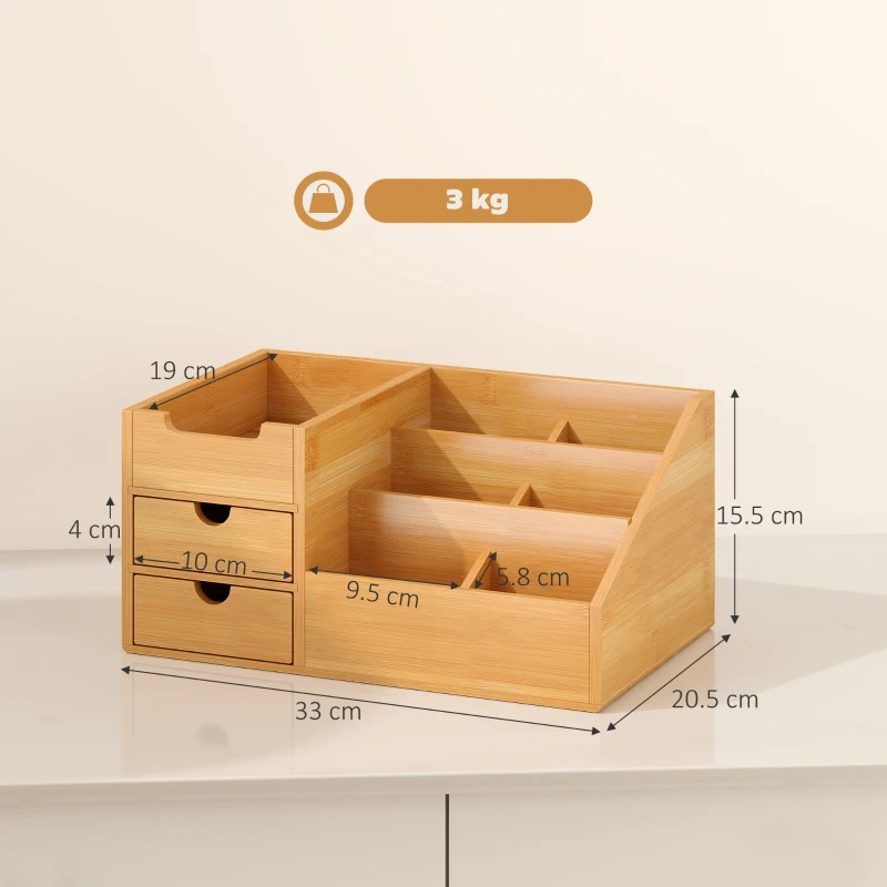 HOMCOM Organizator Birou cu 2 Sertare și 7 Compartimente din Bambus 33x20.5x15.5 cm