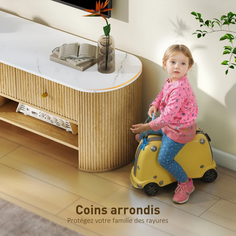 HOMCOM Meuble TV 140 cm, meuble télé pour téléviseur 65 pouces effet marbre 3 tiroirs façades à cannelures effet bois naturel