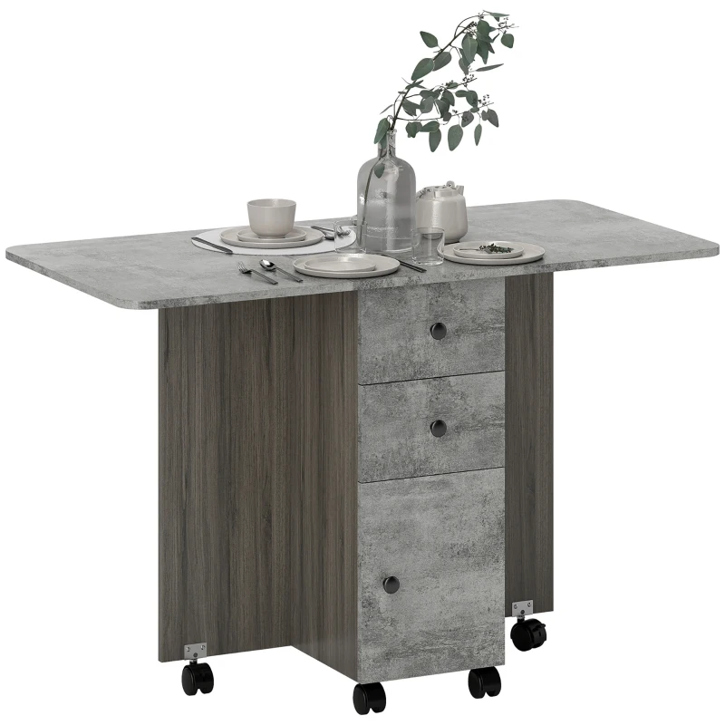 HOMCOM Tavolo Pieghevole con 2 Cassetti e Armadietto, 6 Rotelle e Freni, 120x60x76.5 cm, Grigio Legno e Roccia