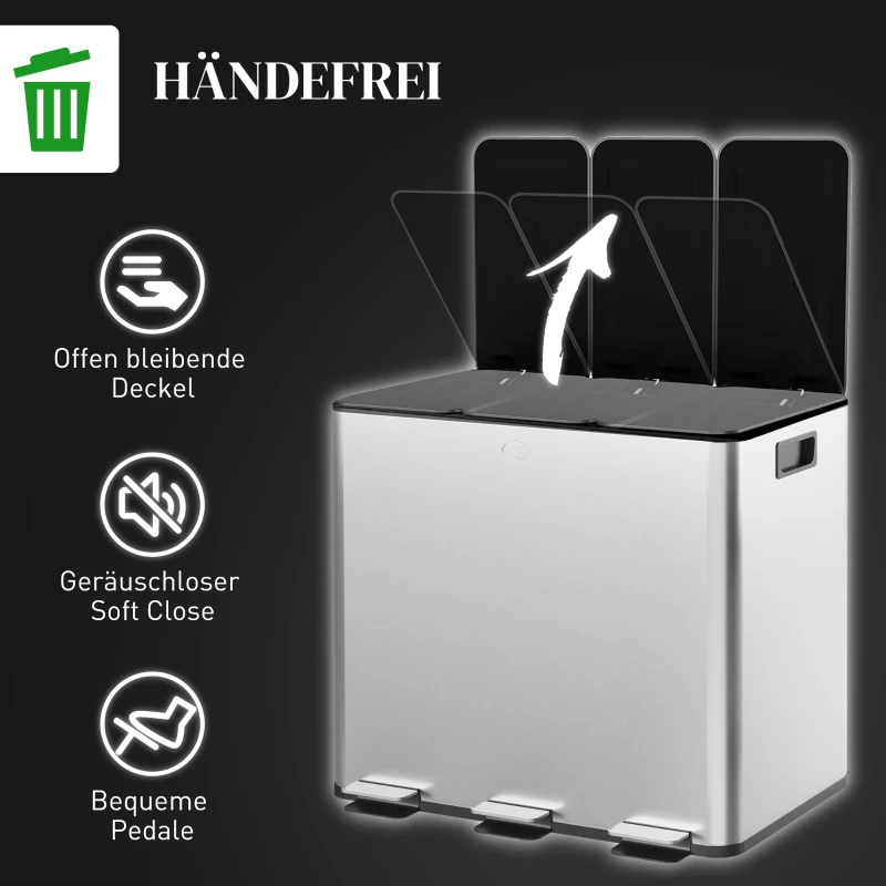 HOMCOM Vuilnisemmer met 3 x 20 L compartimenten, Deodorantdeksels, vingerafdrukbestendig, Soft-Close, uitneembaar, Zilver(m-6)