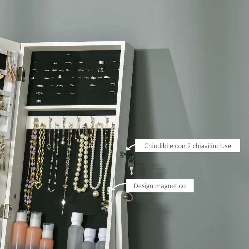 HOMCOM Armadietto Portagioielli con Specchio, Serratura e Organizer per Anelli, Collane e Orecchini, Bianco