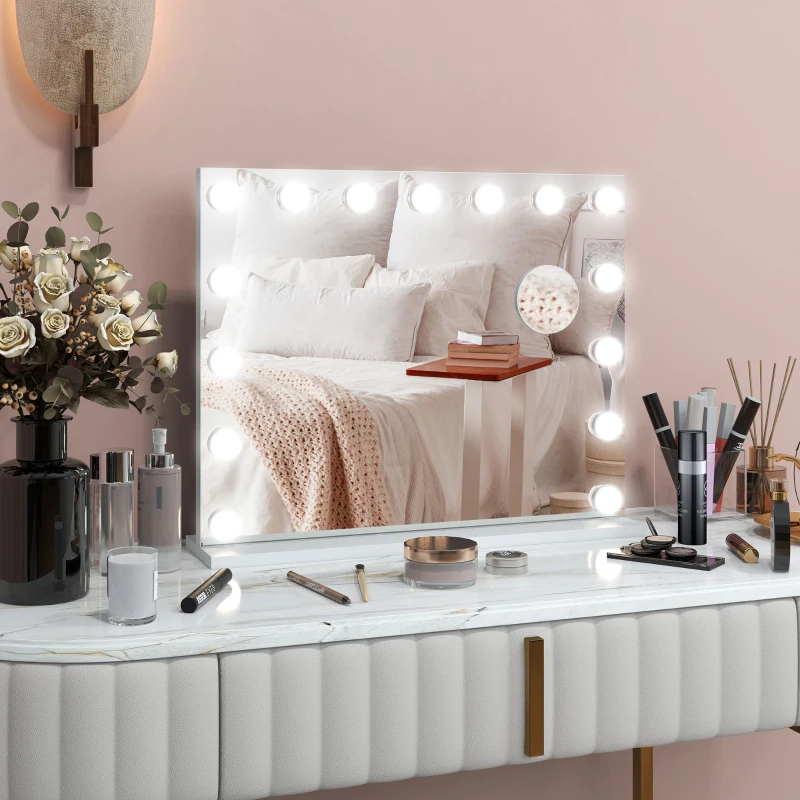 HOMCOM Espejo de Maquillaje LED, 3 modos de luz, regulable, control táctil, USB, 58x48 cm, Blanco
