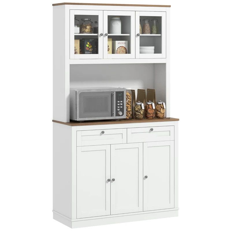 HOMCOM Buffet haut cuisine, armoire de cuisine, 6 portes, 2 tiroirs, plan de travail, étagères réglables, 100x40x180cm, blanc(m-10)