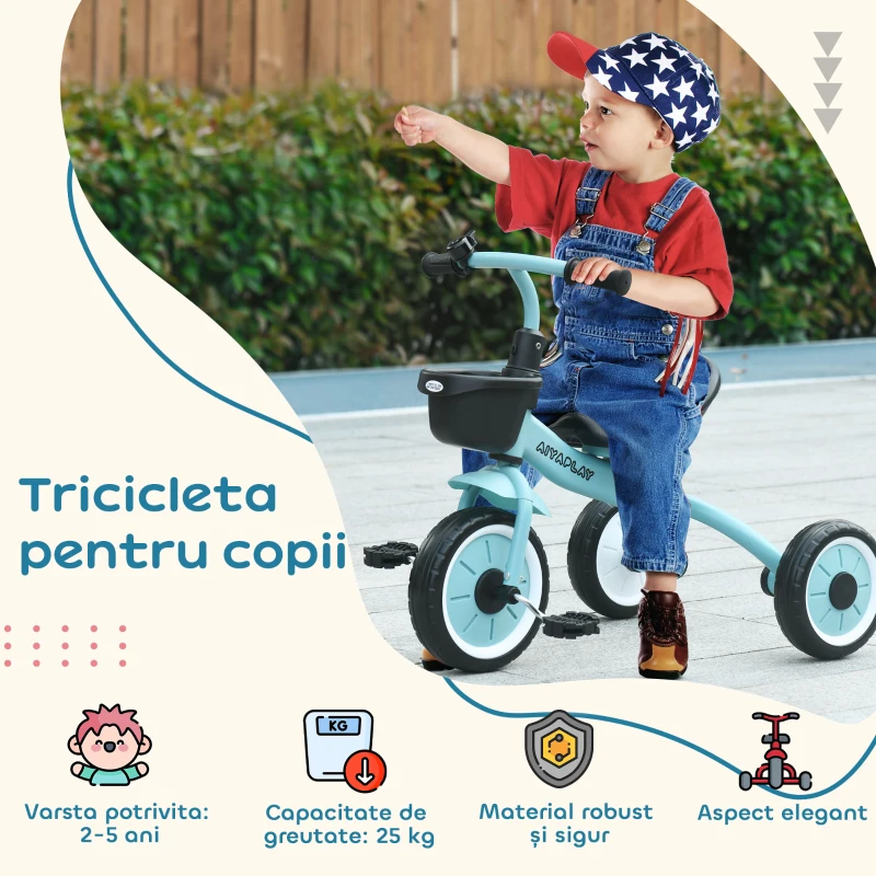 AIYAPLAY Tricicleta pentru Copii 2-5 Ani cu Scaun Reglabil, Bicicleta pentru Copii cu Cosuleț, 70,5x53x58 cm, Albastru
