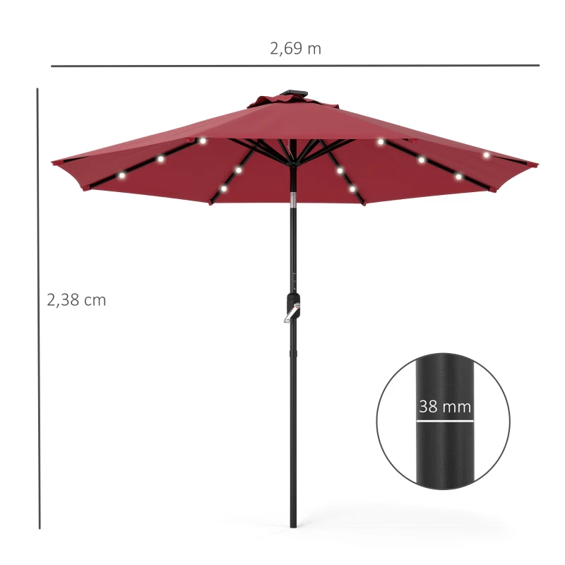 Outsunny Parasol de jardín Parasol derecho Parasol LED octogonal reclinable 2,7 m con energía solar metal Poliéster de alta densidad