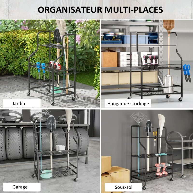 Outsunny Organizador de herramientas de jardín, soporte de herramientas de jardín 54 espacios 5 ganchos en acero con ruedas 3 niveles Negro