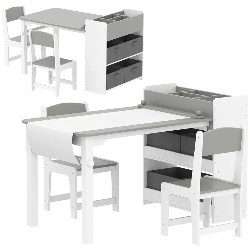 AIYAPLAY Conjunto mesa y 2 sillas infantil de madera con rollo de papel, estantes y cajones, para niña niño 3-8 años, gris