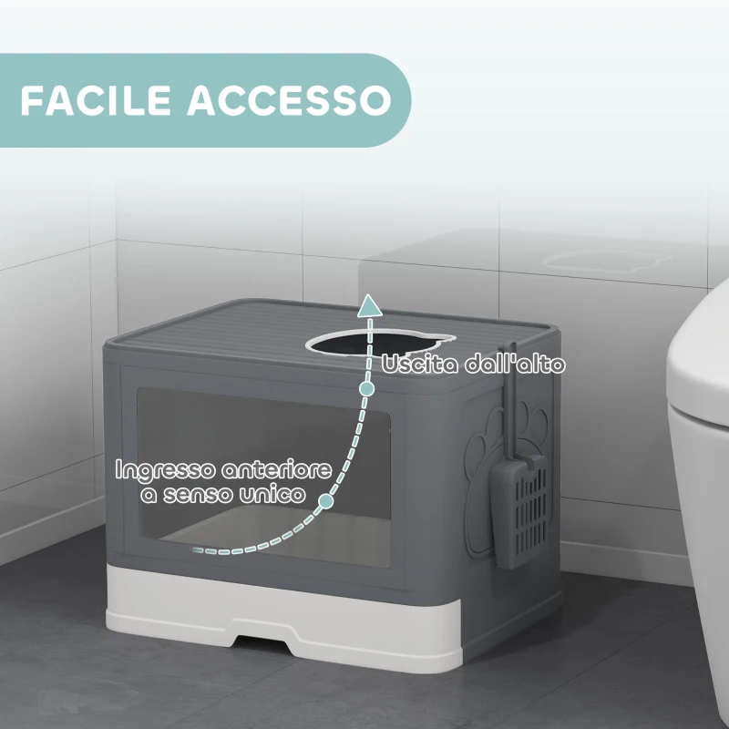 PawHut Lettiera per Gatti Chiusa con Coperchio e Doppia Entrata, Cassetto Estraibile, Paletta e Spazzola, Grigio