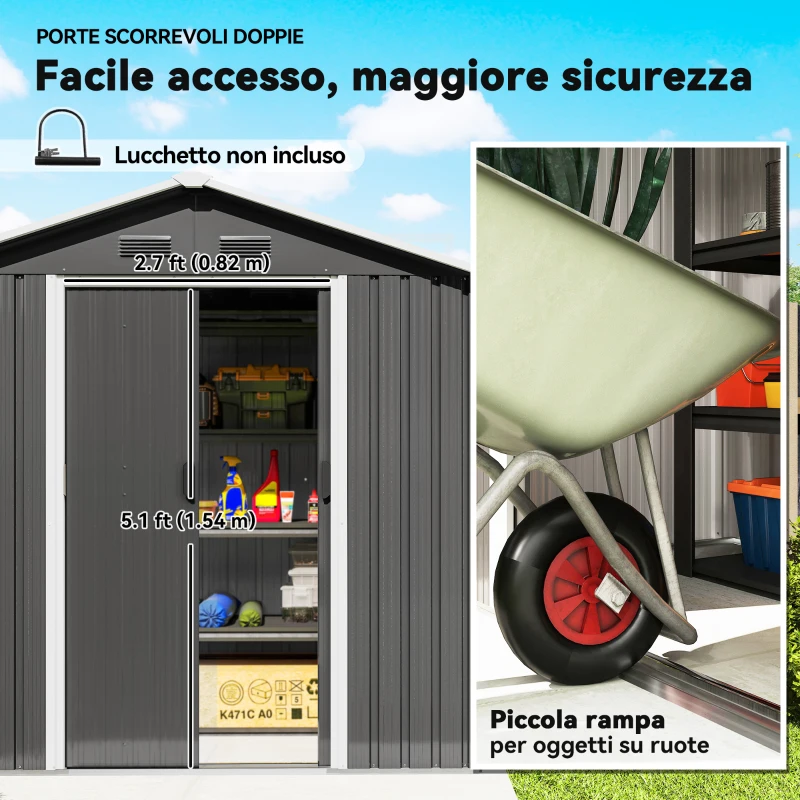 Outsunny Casetta da Giardino con Doppia Porta Scorrevole, 4 Prese d'Aria e Sistema di Blocco, Grigio