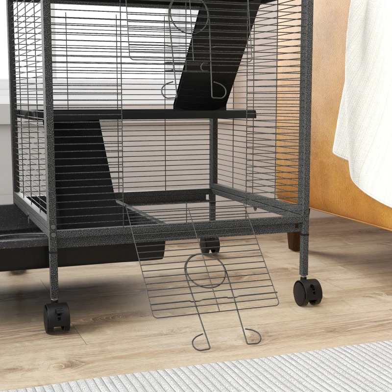 PawHut Cage pour Cochons d'Inde et Chinchillas en Acier avec 3 Niveaux, Roues et Plateau Amovible, Gris