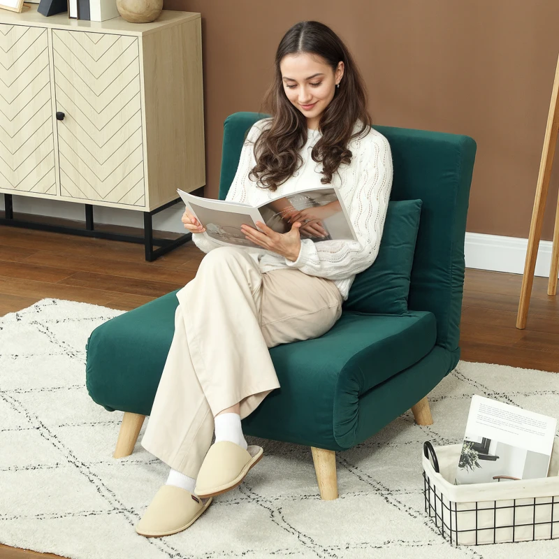 HOMCOM Sillón plegable con función de cama, Sillón Relax Plegable en Terciopelo, Respaldo Ajustable, soporta hasta 120 kg, Verde oscuro