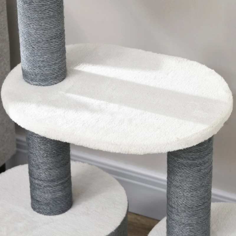 PawHut Rascador con 1 Cueva para Gatos, 1 Cama para Gatos, 2 Plataformas, Poste Rascador de Yute, Blanco + Gris