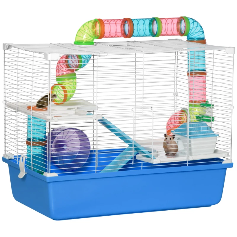 PawHut Jaula para Hámster con Túneles, Casita y Rueda, 59x36x47 cm, Azul y Blanco
