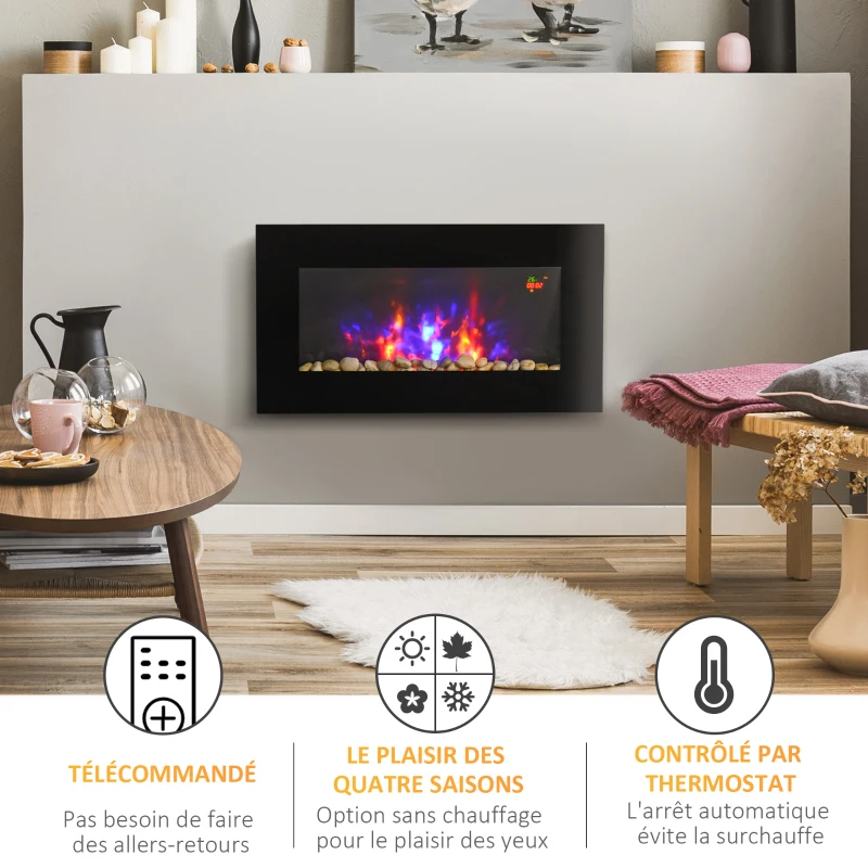 HOMCOM Cheminée électrique murale 1000/2000 W, cheminée décorative avec effet flamme 7 couleurs réglables, 72,5x11,5x40cm, noir