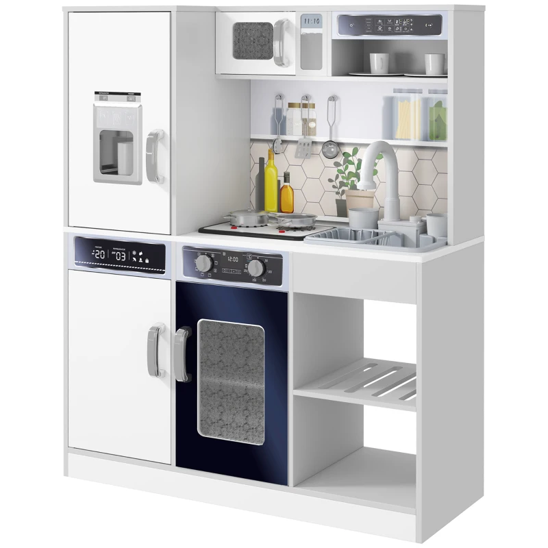 AIYAPLAY Set de Cocina de Juguete con ollas de acero inoxidable, Estufa, Fregadero con sistema de agua, Funciones de luz y sonido, Blanco
