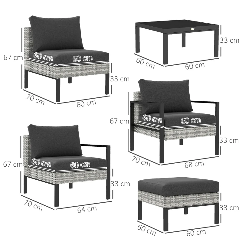 Outsunny Conjunto de jardín exterior para 5 personas, salón de balcón de ratán sintético con sillones, taburete y mesa de centro Gris