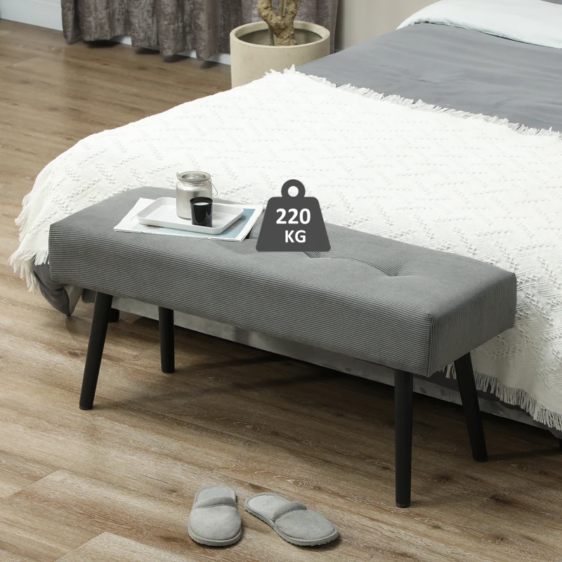 HOMCOM Banco banqueta al pie de la cama acolchado en terciopelo acanalado y patas de acero Negro carga 220 Kg 100x36x45 cm Gris