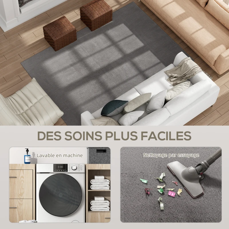 HOMCOM Tapis salon 230 x 160 cm tapis à poils longs, lavable en machine, antidérapant, en fausse fourrure, gris clair