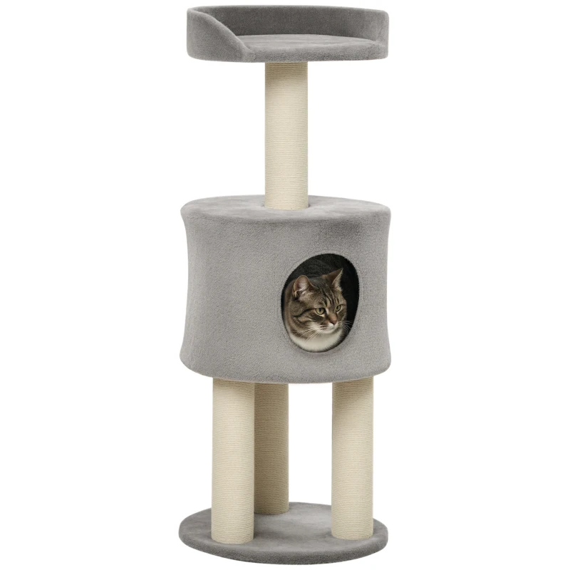 PawHut Árbol rascador para gatos con sisal natural, altura 103 cm, cueva y plataforma de tejido suave en Gris