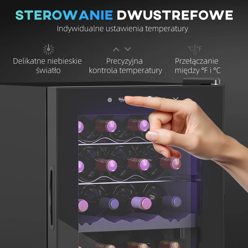 HOMCOM Mała Chłodziarka do Wina, Mini-Lodówka na 28 Butelki, 74 Litrów Pojemności, Drzwi ze Szkła, Oświetlenie LED, Ekran Dotykowy