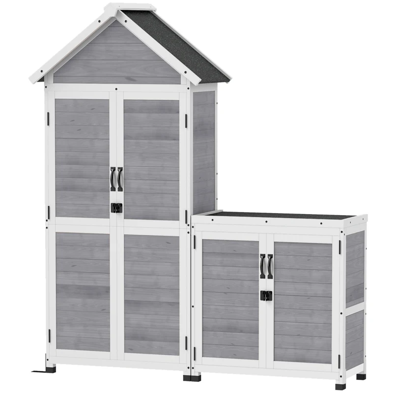 Outsunny Cobertizo de jardín y armario de almacenaje en madera con techo inclinado de asfalto, estantes y puertas con cerradura, Gris