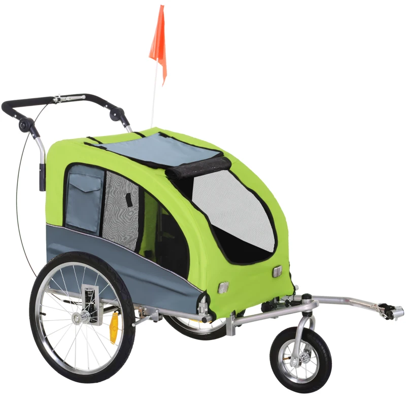 PawHut Remolque de Bicicleta para Perros 2 en 1 Carrito de Perros con Mango Ajustable Bandera y Reflectores 155x83x108 cm Verde