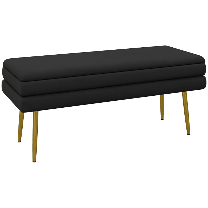 HOMCOM Banco banqueta cofre de almacenamiento 2 en 1 asiento de terciopelo y patas de acero - 100x37,5x42 cm Negro y dorado