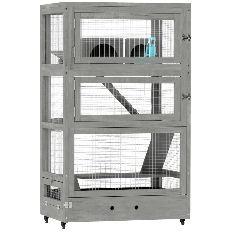 PawHut Jaula para hámster enano de cuatro pisos en madera, con casas, columpio, cuencos de comida, rampas, ruedas, 65x45x109 cm, Gris