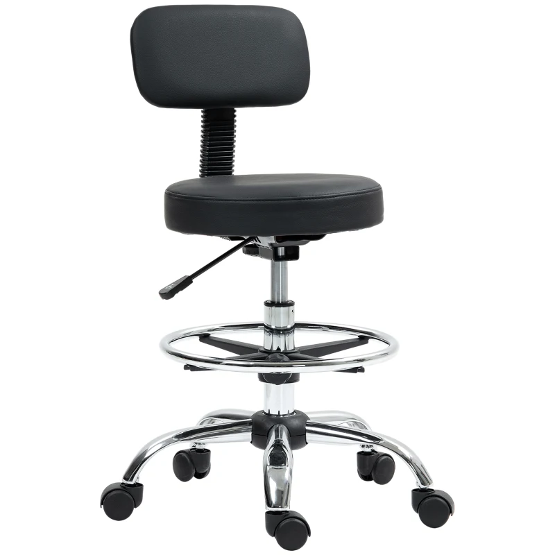 HOMCOM Silla de Oficina, Sillón Giratorio Compacto, Ajustable en Altura, con Reposapiés, Giro de 360°, Cuero Sintético, Metal, Negro