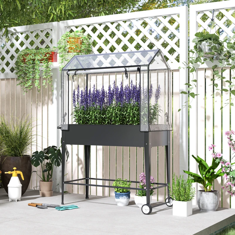 Outsunny Huerto elevado de pie con cubierta de PVC, jardinera elevada con ruedas y orificio de drenaje, 100x45x152 cm, negro