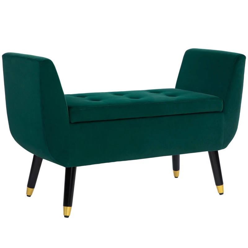 HOMCOM Banco Acolchado con Almacenamiento, Reposabrazos, Tela de Terciopelo, Madera de Goma, 107x42x65 cm, Verde