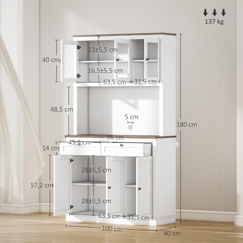 HOMCOM Buffet haut cuisine, armoire de cuisine, 6 portes, 2 tiroirs, plan de travail, étagères réglables, 100x40x180cm, blanc(m-3)